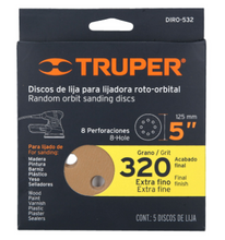 Cargar imagen en el visor de la galería, DISCOS DE LIJA ROTO ORBITAL 5&#39;,GRANO 320, 8 ORIFICIOS, 5PZAS TRUPER 17983 N
