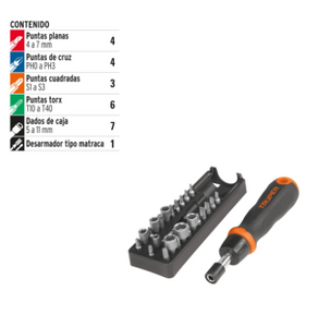 JUEGO DE DESARMADADOR TIPO MATRACA, 24 PIEZAS 18222 P