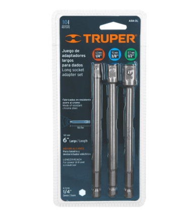 JUEGO DE ADAPTADORES LARGOS PARA DADOS DE 1/4, 3/8 y 1/2" TRUPER 19599 *