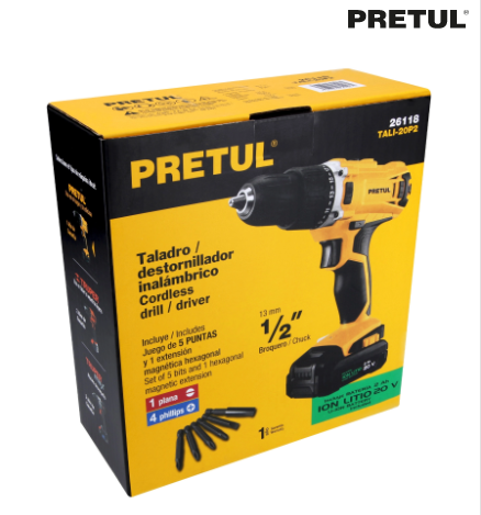 TALADRO INALAMBRICO 1/2" 20V, PRETUL 26118 *