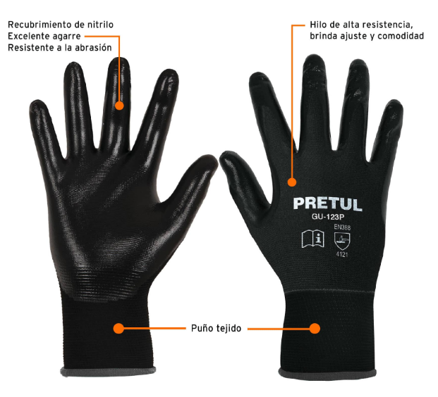 GUANTES DE NYLON RECUBIERTOS DE NITRILO, GRANDES, PRETUL 20028 *