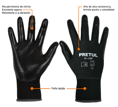 GUANTES DE NYLON RECUBIERTOS DE NITRILO, MEDIANOS,PRETUL 20027 *