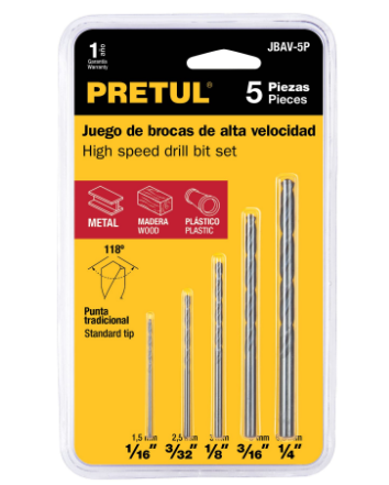 JUEGO DE 5 BROCAS HSS PARA METAL, PRETUL 20703 *