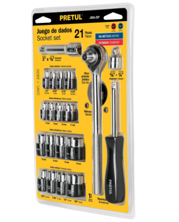 JUEGO DE 21 HERRAMIENTAS 1/4'' Y 3/8'' PARA MECANICO, PRETUL 21162 *
