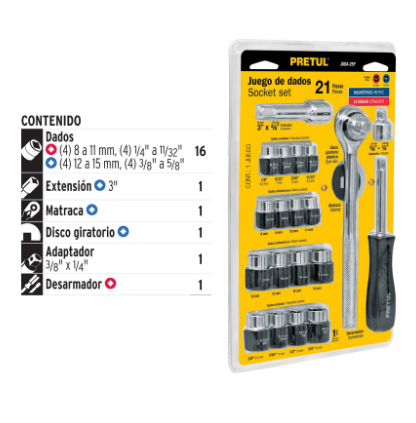 JUEGO DE 21 HERRAMIENTAS 1/4'' Y 3/8'' PARA MECANICO, PRETUL 21162 *