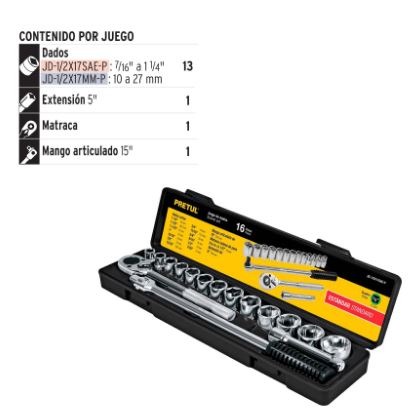 JUEGO DE 16 HERRAMIENTAS 1/2'' STD, PARA MECÁNICO, PRETUL 21172 N