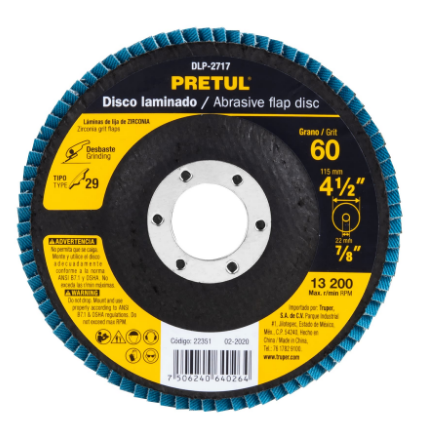 DISCO 4-1/2'' LAMINADO GRANO 60 CENTRO 7/8'', PRETUL 22351 P