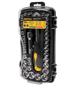 JUEGO DE 39 HERRAMIENTAS 1/4'' Y 3/8'' PARA MECÁNICO, PRETUL 23969 P