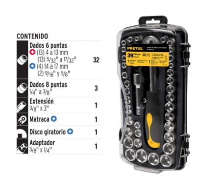 JGO DE 39 HERRAMIENTAS 1/4'' Y 3/8'', PRETUL 23969 *
