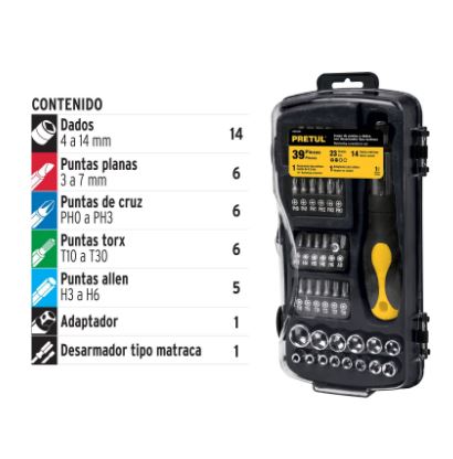 JUEGO DE 39 HERRAMIENTAS 1/4'' PARA MECÁNICO, PRETUL 23971 *