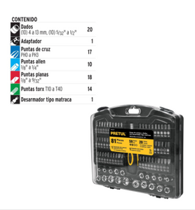 JUEGO DE 81 HERRAMIENTAS 1/4'' PARA MECÀNICO, PRETUL 23972 P
