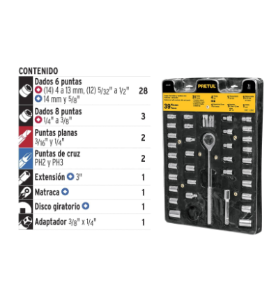 JUEGO DE 39 HERRAMIENTAS 1/4'' Y 3/8'' PARA MECÀNICO, PRETUL 23973 N