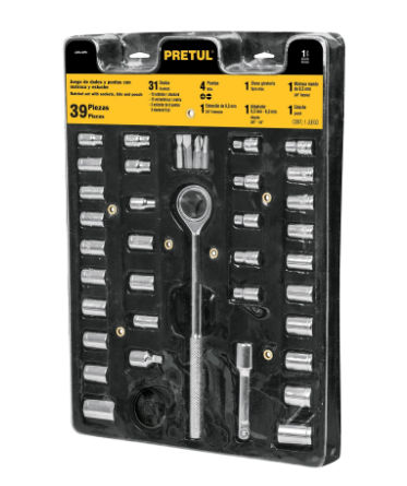 JUEGO DE 39 HERRAMIENTAS 1/4'' Y 3/8'' PARA MECÀNICO, PRETUL 23973 N