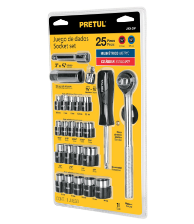 JUEGO DE 25 HERRAMIENTAS 1/4'' Y 3/8'' PARA MECÀNICO, PRETUL 23974 P