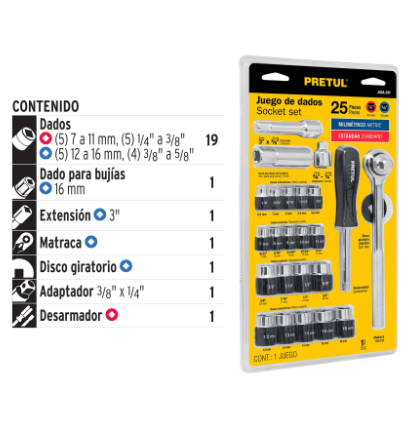 JGO DE 25 HERRAMIENTAS 1/4'' Y 3/8'', PRETUL 23974 *