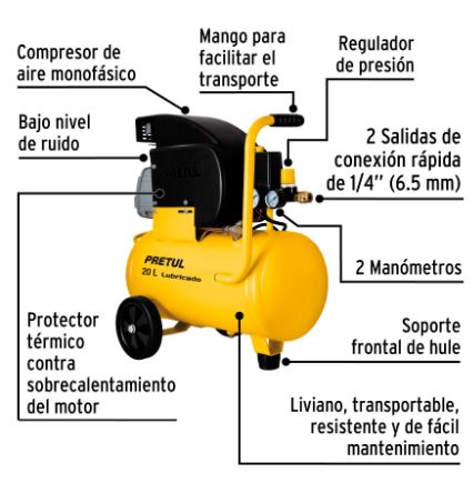KIT COMPRESOR 20L, PISTOLA GRAVEDAD LVMP Y MANGUERA, PRETUL 24079 *