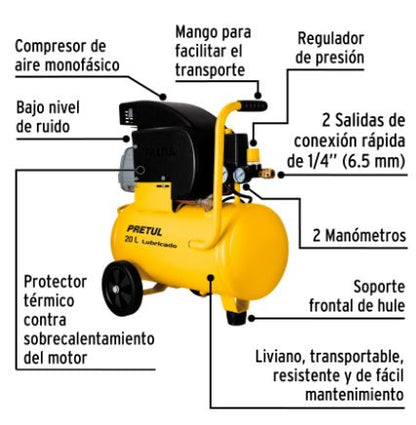 KIT COMPRESOR 20L, PISTOLA GRAVEDAD LVMP Y MANGUERA, PRETUL 24079 *