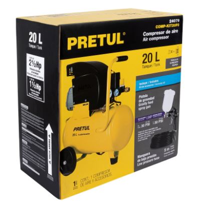 KIT COMPRESOR 20L, PISTOLA GRAVEDAD LVMP Y MANGUERA, PRETUL 24079 *