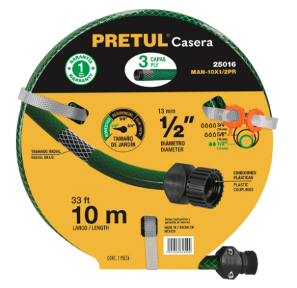 MANGUERA 10MX1/2'' REFORZADA 3 CAPAS, PRETUL 25016 *
