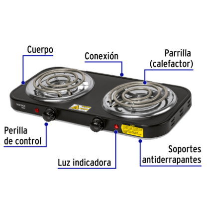 PARRILLA ELÈCTRICA 2 QUEMADORES EN ESPIRAL, NEGRA, BASIC 26092 *