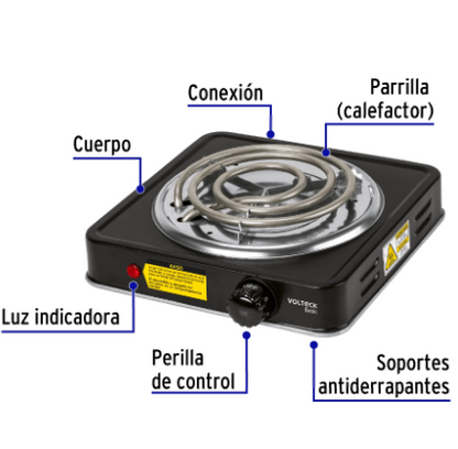 PARRILLA ELÈCTRICA 1 QUEMADOR EN ESPIRAL, NEGRA, BASIC 26093 *