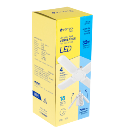 LÀMPARA LED 32W TIPO VENTILADOR, 4 ASPAS AJUSTABLES, VOLTECK 26124 N