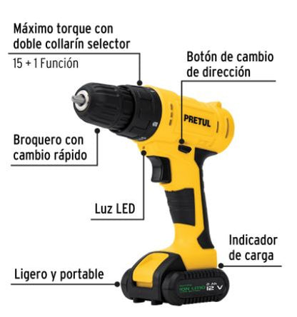 KIT TALADRO INALÁMBRICO 3/8'', 12 V CON ACCESORIOS 27120 *