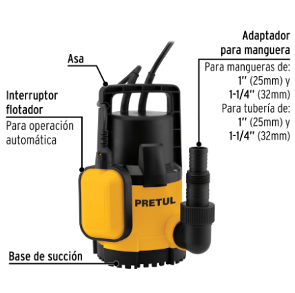 BOMBA SUMERGIBLE PLÁSTICA 1/2 HP PARA AGUA LIMPIA, PRETUL 27195 *
