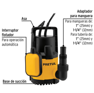BOMBA SUMERGIBLE PLÁSTICA 1/2 HP PARA AGUA LIMPIA, PRETUL 27195 *