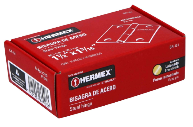 BISAGRA RECTANGULAR 1-1/2'' ACERO LATONADO, HERMEX 43193 *