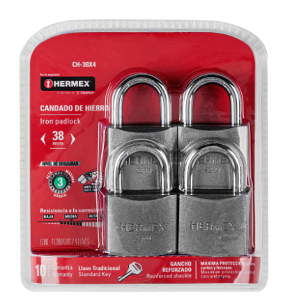 BLÍSTER CON 4 CANDADOS DE HIERRO DE 38MM CON GC 43333 *