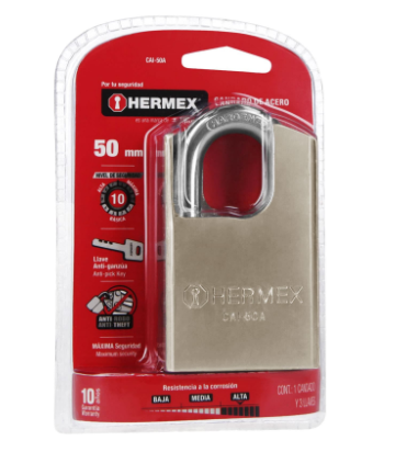 CANDADO DE ACERO, MÀXIMA SEGURIDAD, 50MM, LLAVE ANTI-GANZÙA 43334 P