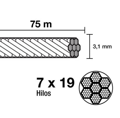 METRO DE CABLE FLEXIBLE 1/8'' DE ACERO 7X19 HILO 44211 N