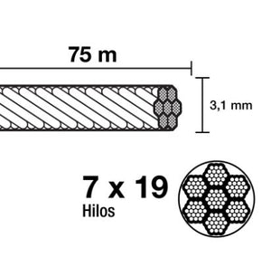 METRO DE CABLE FLEXIBLE 1/8'' DE ACERO 7X19 HILO 44211 N