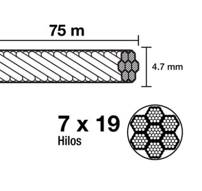 METRO DE CABLE FLEXIBEL 3/16'' DE ACERO 7 X 19 HILOS 44212 N