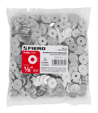 BOLSA CON 1 KG DE ARANDELAS PLANAS DE 1/8'', FIERO 44540 N