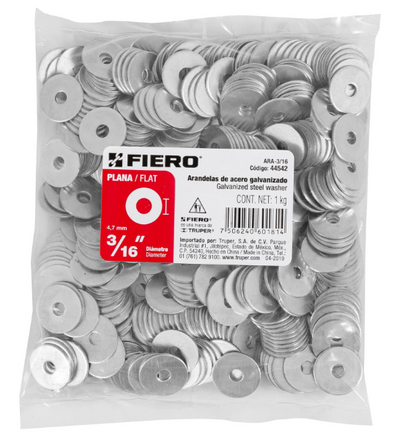 BOLSA CON 1 KG DE ARANDELAS PLANAS DE 3/16", FIERO 44542 *