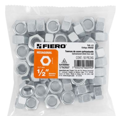 BOLSA 50 PIEZAS TUERCA 1/2'' HEXAGONAL ACERO INOXIDABLE 44552 P