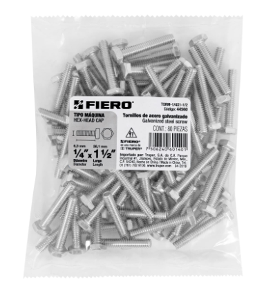 BOLSA CON 80 TORNILLOS 1/4'' X 1-1/2'', TIPO MÀQUINA, FIERO 44560 *