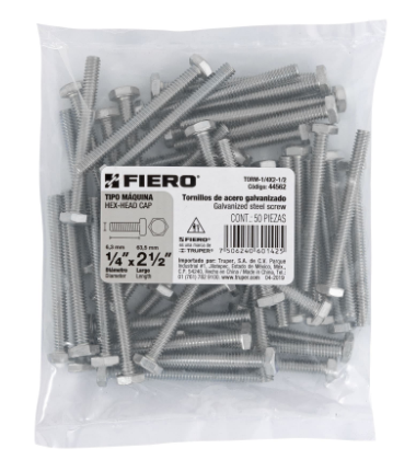 BOLSA CON 50 TORNILLOS 1/4'' X 2-1/2'', TIPO MAQUINA, FIERO 44562 N