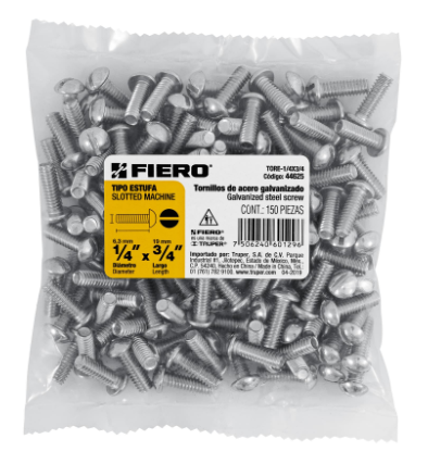 BOLSA CON 150 TORNILLOS 1/4'' X 3/4'', TIPO ESTUFA, FIERO 44625 N