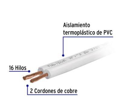 ROLLO DE 100 M CORDON DUPLEX FLEXIBLE, #18 AWG, VOLTECK 46069 *