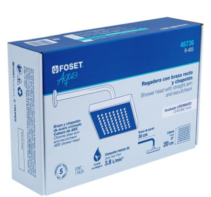 REGADERA CUADRADA 8'' ACABADO CROMO CON BRAZO, FOSET 46736 N