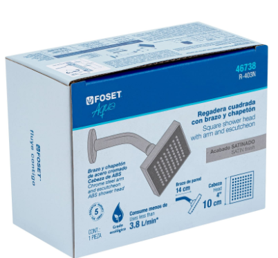 REGADERA CUADRADA ABS 4'' ACABADO SATÍN CON BRAZO, FOSET 46738 N