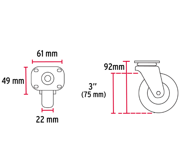 RODAJA POLIETILENO 3" PISADA 22MM, BUJE 48628 *