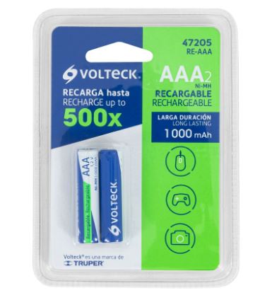 BLÍSTER DE 2 PILAS AAA RECARGABLE LARGA DURACIÓN 47205 *