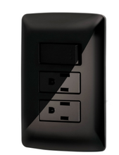 Cargar imagen en el visor de la galería, PLACA ARMADA 2 CONTACTOS E INTERRUPTOR,NEGRO, LÍNEA ITALIANA 47593 N
