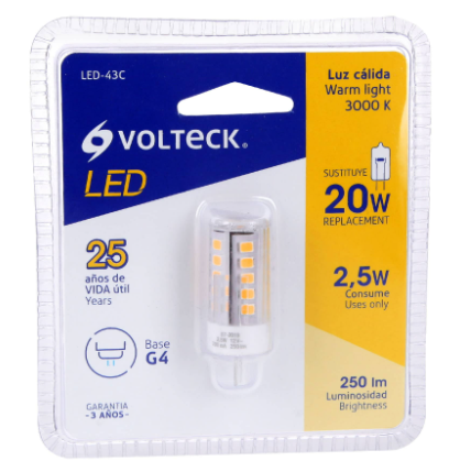 LÁMPARA DE LED, 3 W, BASE G4, FOCO CÁPSULA, LUZ CÁLIDA 48103 *