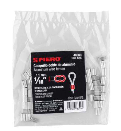 BOLSA CON 50 CASQUILLOS DOBLES DE ALUMINIO, 1/16'', FIERO 48363 P