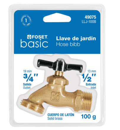 LLAVE PARA MANGUERA, LATÓN, 100 GR, 1/2'', BLÍSTER, FOSET BASIC 49075 *